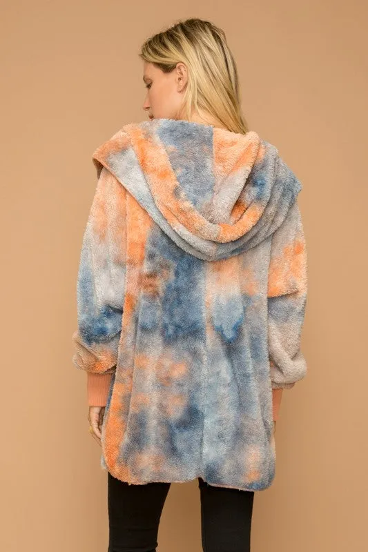 SOFT AND COZY TIE DYE FUR OPEN JACKET - ORANGE/BLUE