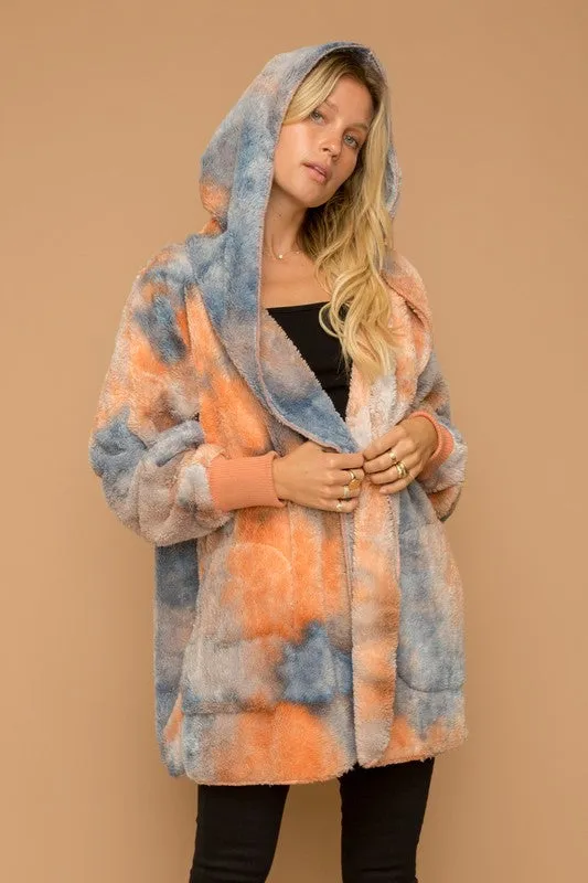 SOFT AND COZY TIE DYE FUR OPEN JACKET - ORANGE/BLUE