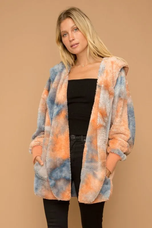 SOFT AND COZY TIE DYE FUR OPEN JACKET - ORANGE/BLUE