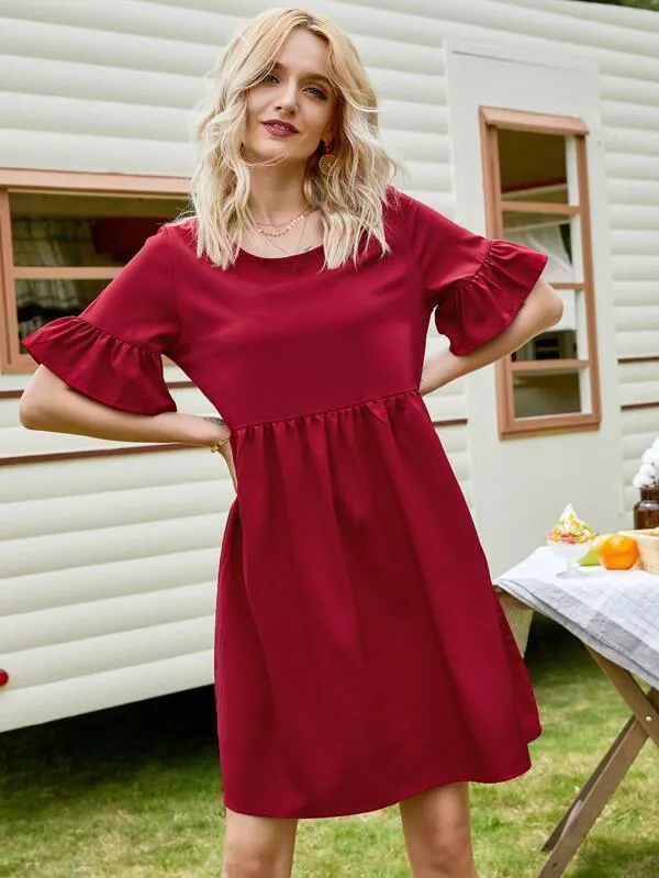 Solid Flounce Sleeve Babydoll Dress