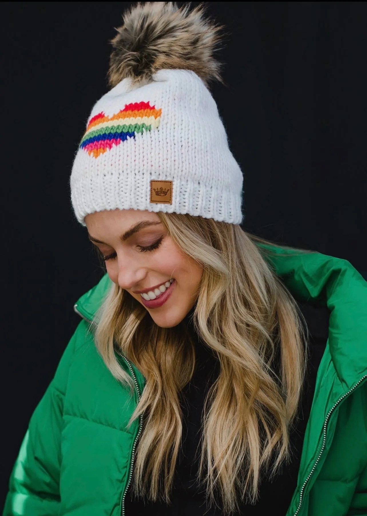 White & Rainbow Heart Knit Hat