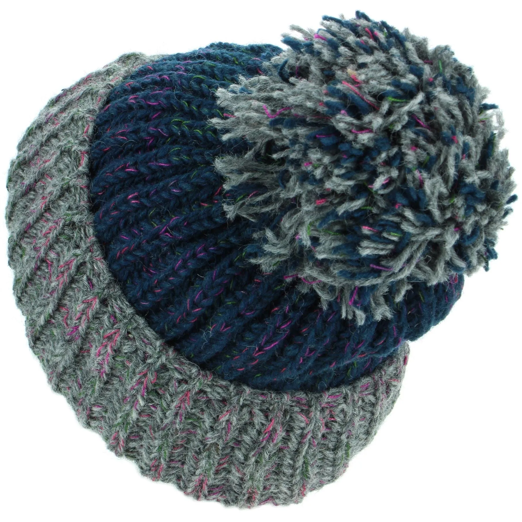 Wool Knit Beanie Bobble Hat - Navy & Dark Grey