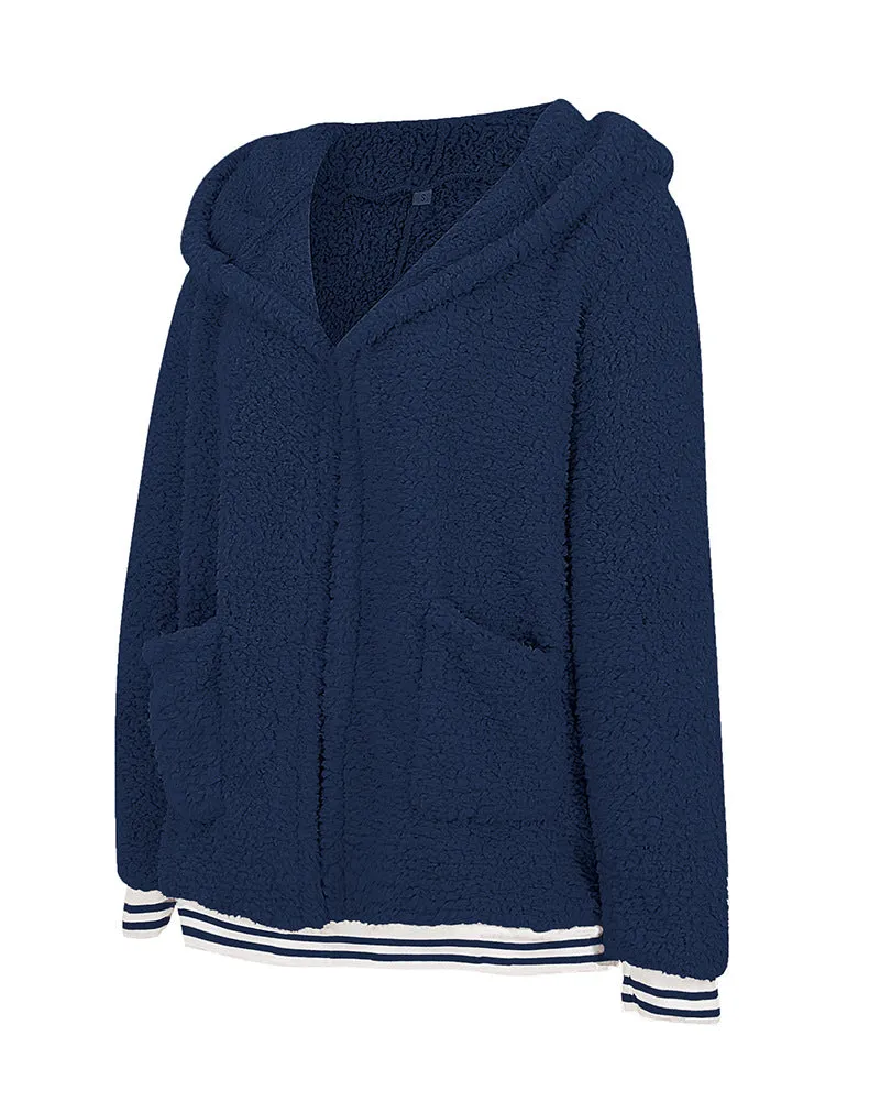 Zip Up Long Sherpa Jacket With Hood Fluffy Fleece in Navy